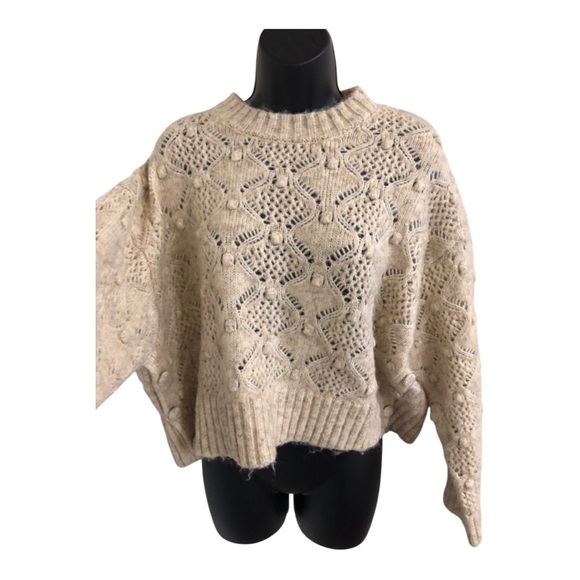 Tan crewneck knotted heirloom farmhouse style fuzzy crochet knit sweater size L - Picture 3 of 17